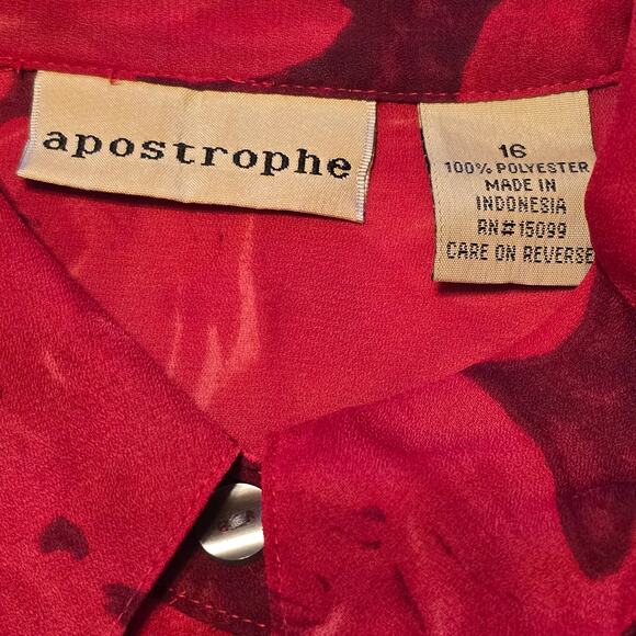 Apostrophe Semi-Sheer Top Womens Size 16 Red Dark Floral Long Sleeve Bloomcore - Picture 3 of 9